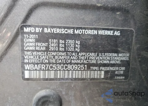 2012 BMW 535 I from USA, damaged, VIN WBAFR7C53CC809251